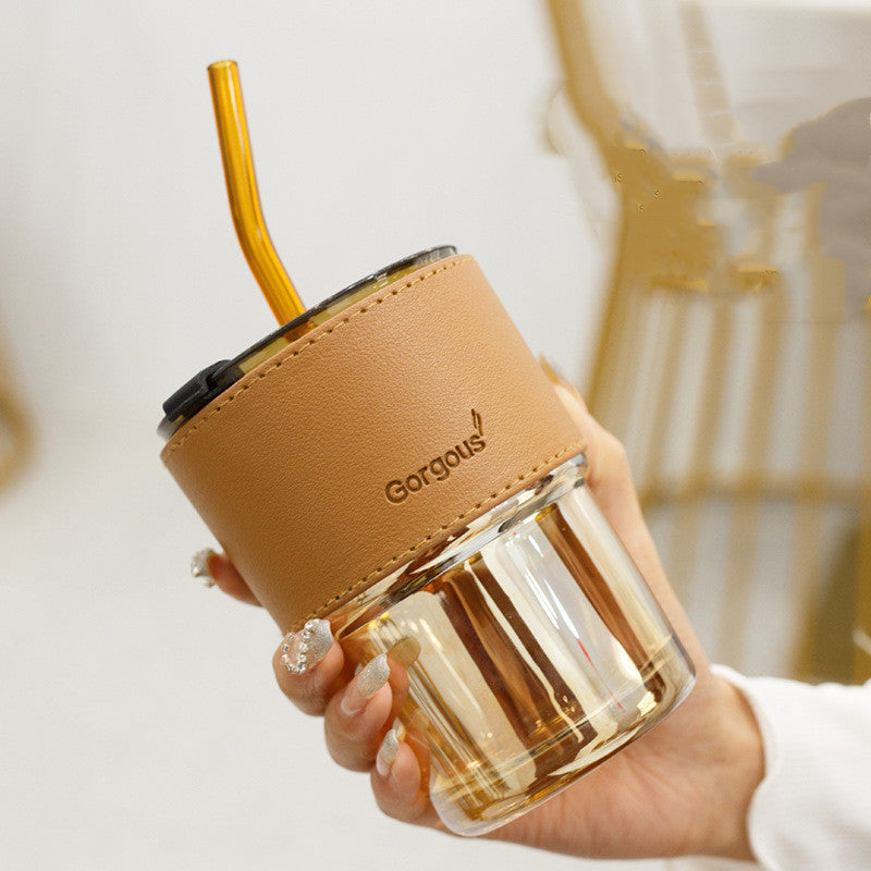Creative Portable Bamboo Cup With Lid Straw Glass