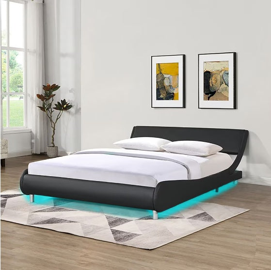 Faux Leather Upholstered Platform Bed Frame with LED Lighting - Crownie 0 Black