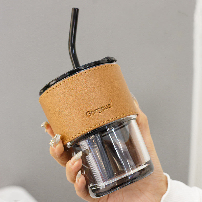Creative Portable Bamboo Cup With Lid Straw Glass