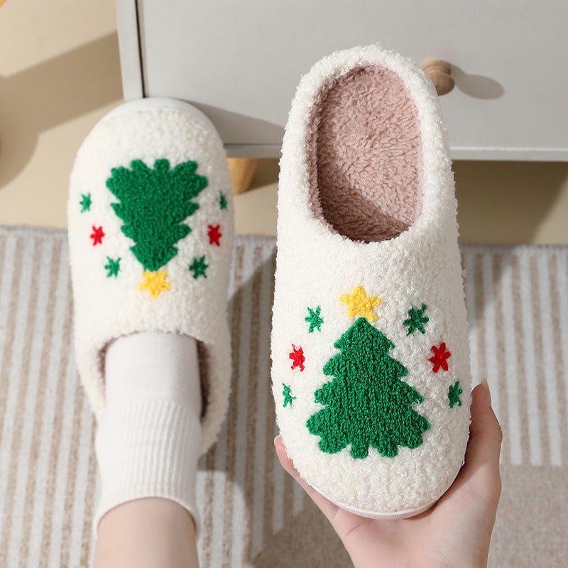 Christmas Home Slippers Cute Cartoon Santa Claus Cotton Slippers For Women And Men Couples Winter Warm Furry Shoes - Crownie 0 Tree / 36or37