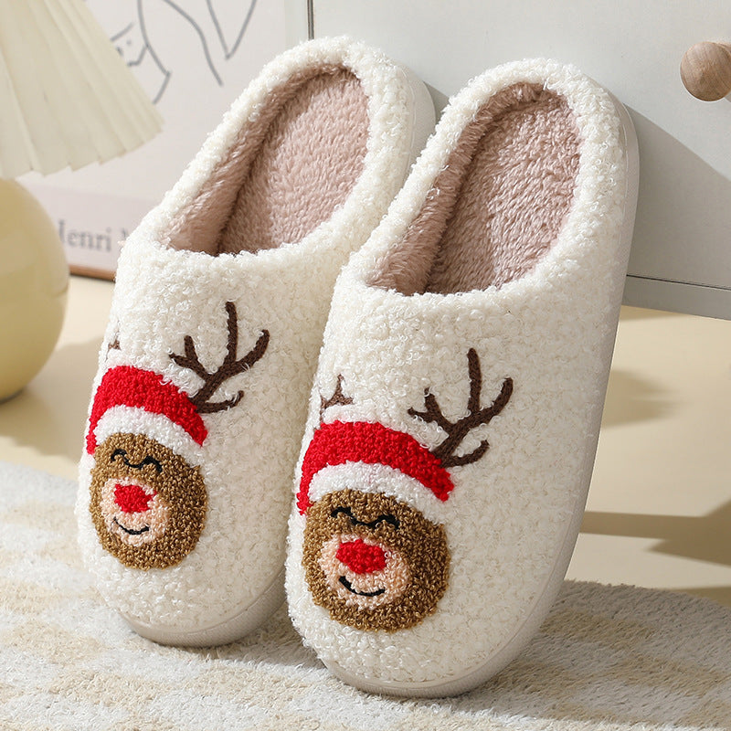 Christmas Home Slippers Cute Cartoon Santa Claus Cotton Slippers For Women And Men Couples Winter Warm Furry Shoes - Crownie 0 Moose / 36or37