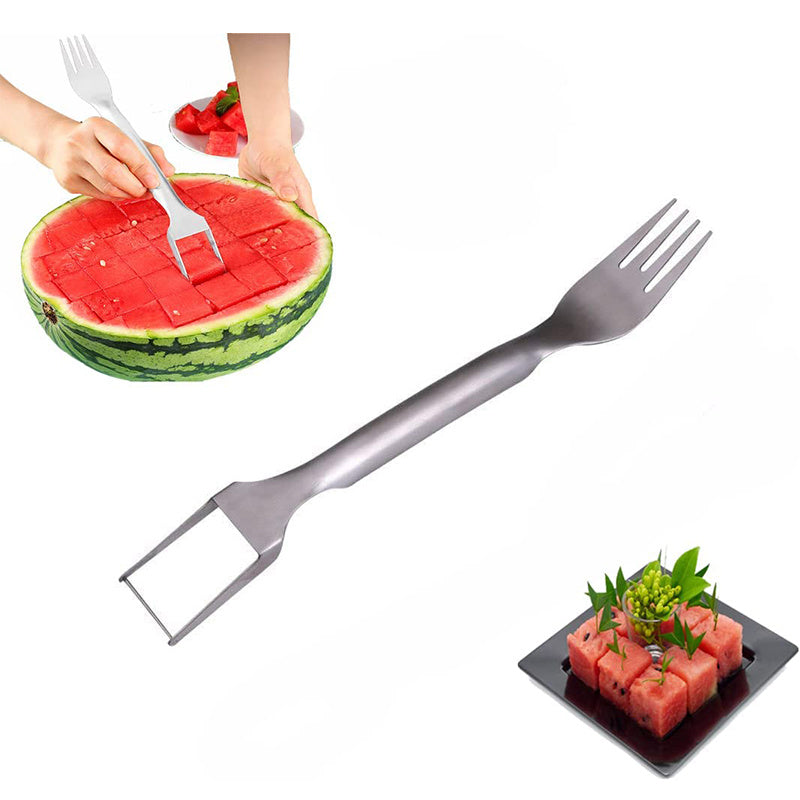 2 In 1 Watermelon Fork Slicer Multi-purpose Stainless Steel Watermelon Slicer Cutter Kitchen Fruit Cutting Fork Fruit Divider Kitchen Gadgets - Crownie 0 Watermelon cut