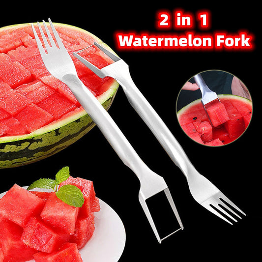 2 In 1 Watermelon Fork Slicer Multi-purpose Stainless Steel Watermelon Slicer Cutter Kitchen Fruit Cutting Fork Fruit Divider Kitchen Gadgets - Crownie 0 Watermelon cut