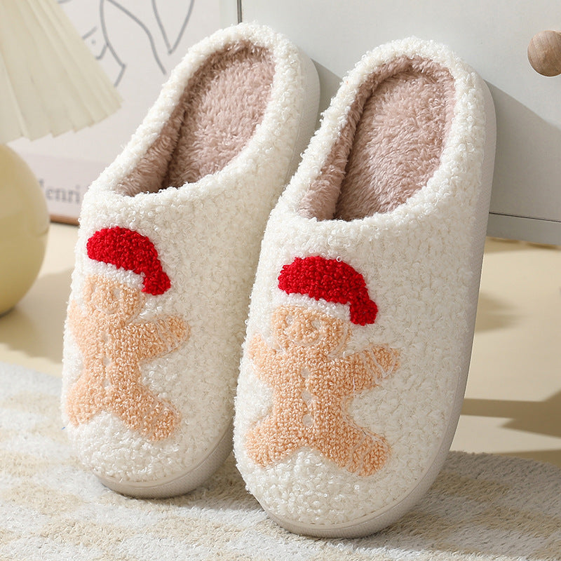 Christmas Home Slippers Cute Cartoon Santa Claus Cotton Slippers For Women And Men Couples Winter Warm Furry Shoes - Crownie 0 Gingerbread Man / 36or37
