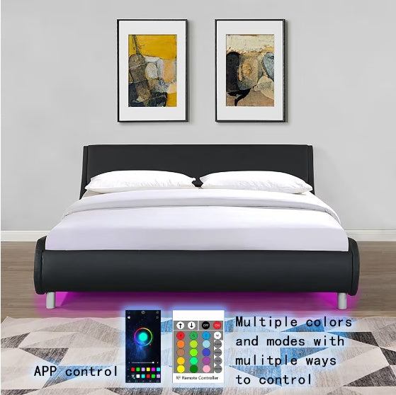 Faux Leather Upholstered Platform Bed Frame with LED Lighting - Crownie 0 Black