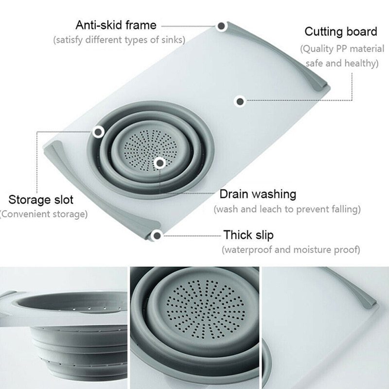 Innovative Multi-Functional 3 in 1 Chopping Board Detachable Folding Drain Basket Sink Cutting Board - Crownie 0 Gray