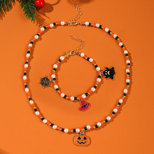 Halloween Ghost Pumpkin Necklace & Bracelet Set - Crownie 0 D09441color / Halloween