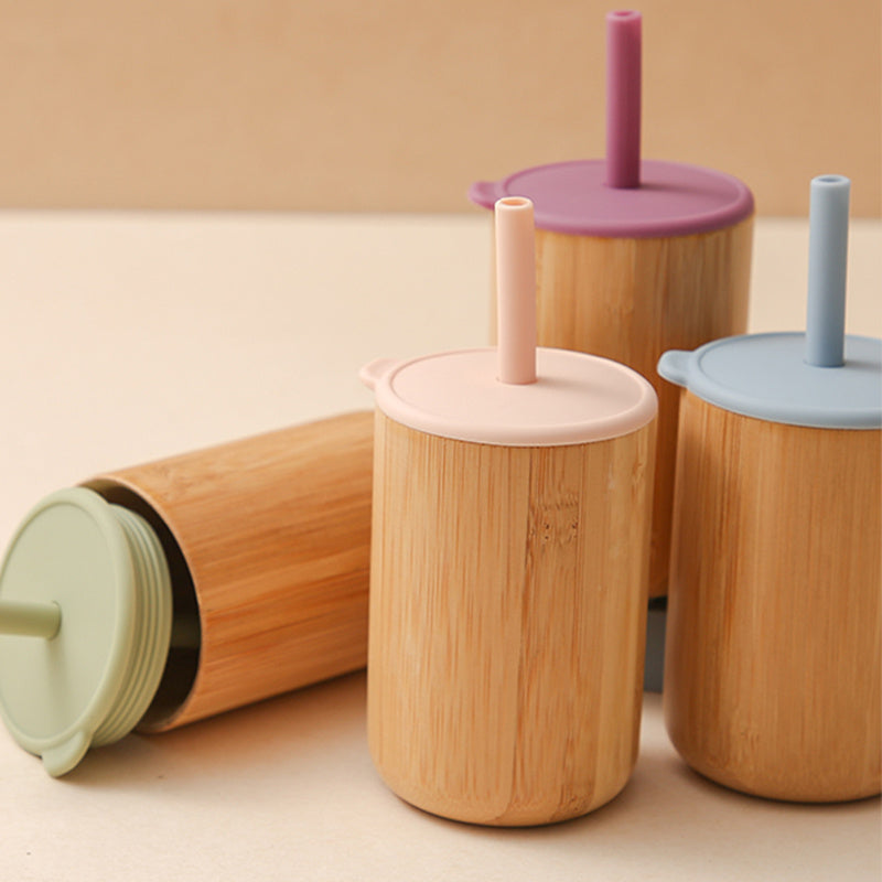 Bamboo Wood Cup With Lid Silicone Straw Children