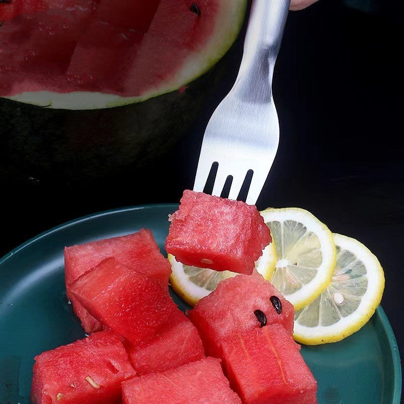 2 In 1 Watermelon Fork Slicer Multi-purpose Stainless Steel Watermelon Slicer Cutter Kitchen Fruit Cutting Fork Fruit Divider Kitchen Gadgets - Crownie 0 Watermelon cut