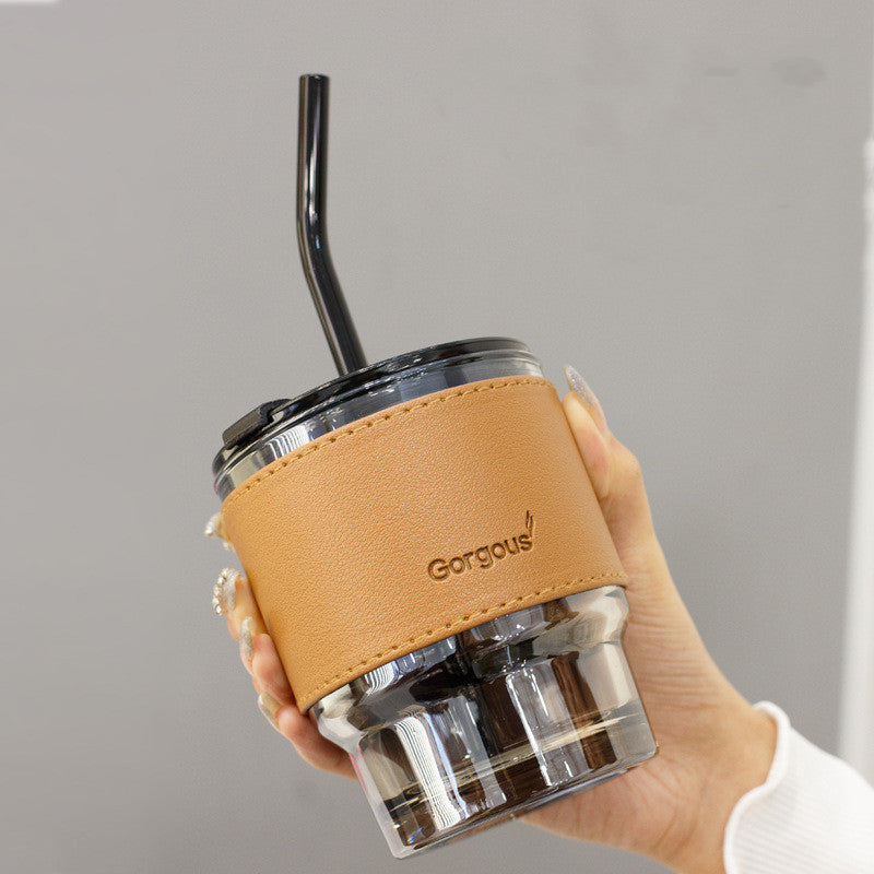 Creative Portable Bamboo Cup With Lid Straw Glass