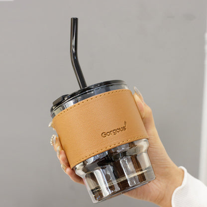 Creative Portable Bamboo Cup With Lid Straw Glass