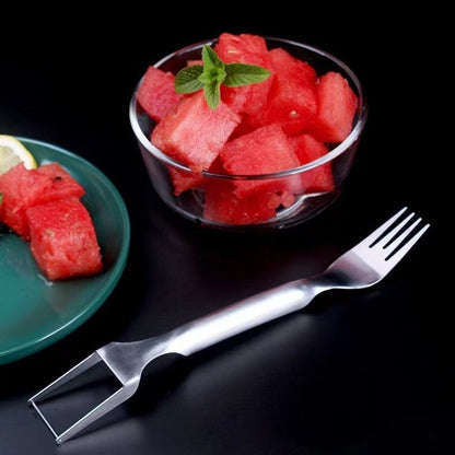2 In 1 Watermelon Fork Slicer Multi-purpose Stainless Steel Watermelon Slicer Cutter Kitchen Fruit Cutting Fork Fruit Divider Kitchen Gadgets - Crownie 0 Watermelon cut